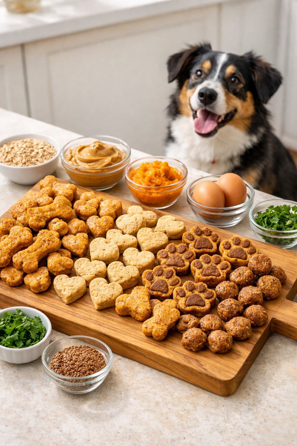 A kitchen counter with homemade dog treats on a wooden board and ingredients nearby, with a dog watching attentively.