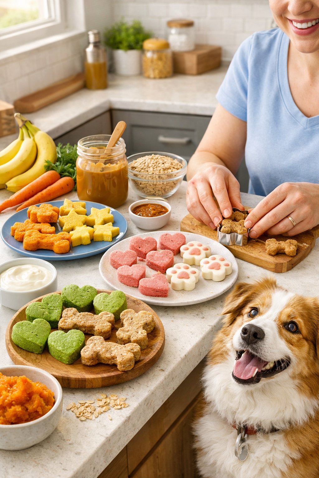 A kitchen countertop displaying a variety of homemade no-bake dog treats with fresh ingredients and a dog watching nearby.