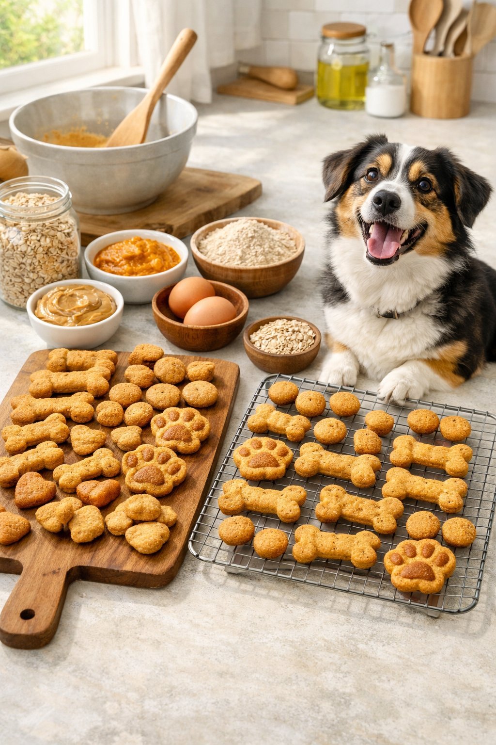 A variety of homemade dog treats on a wooden board and cooling rack with natural ingredients nearby and a dog watching eagerly in a bright kitchen.