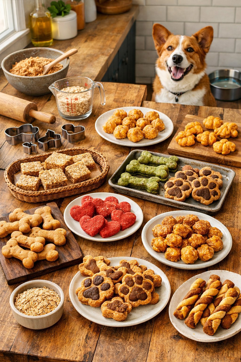 A kitchen countertop displaying ten different homemade dog treats with baking tools nearby and a dog watching eagerly.