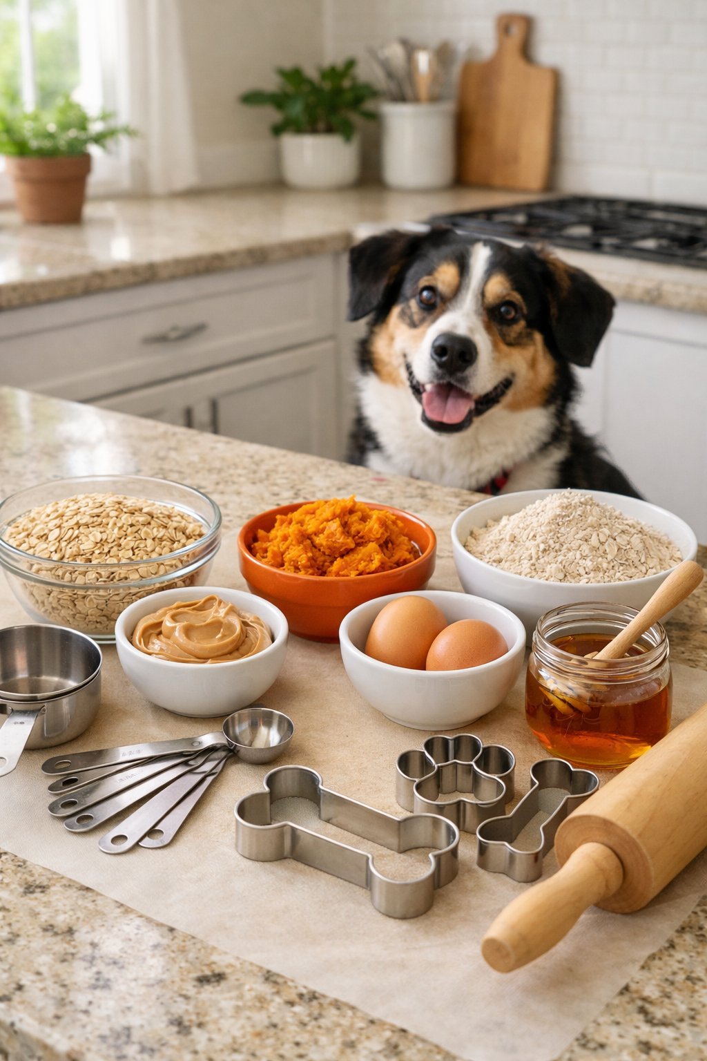 A kitchen countertop with ingredients and tools for making homemade dog treats and a dog watching nearby.