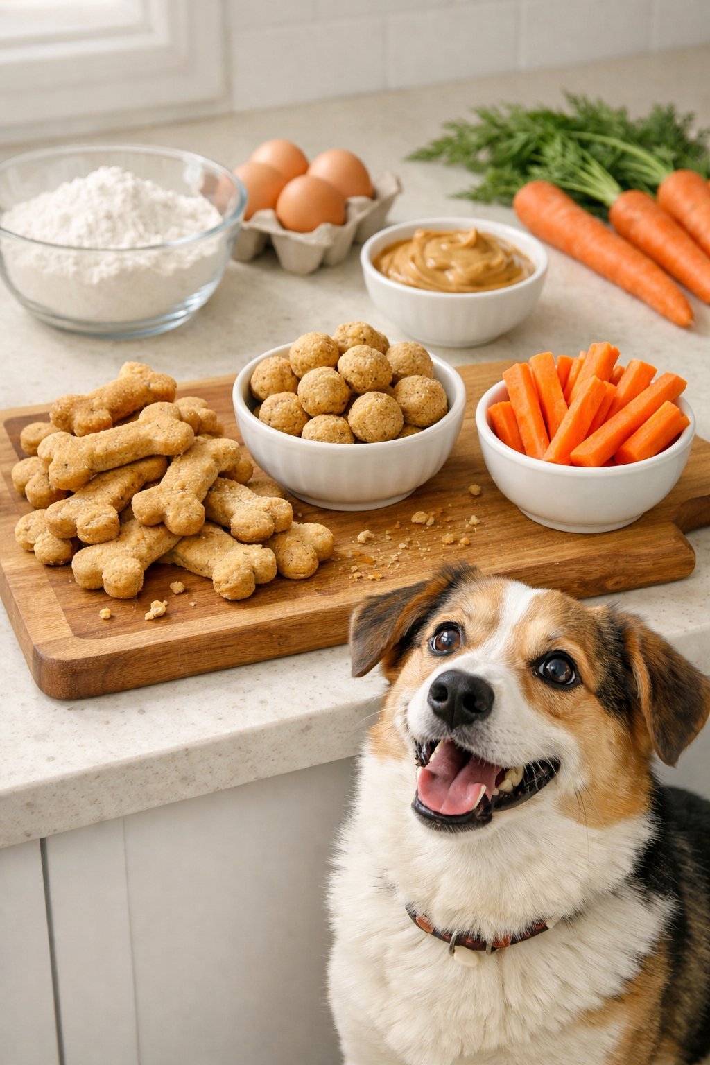 A happy dog looking at homemade dog treats arranged on a kitchen countertop with fresh ingredients nearby.