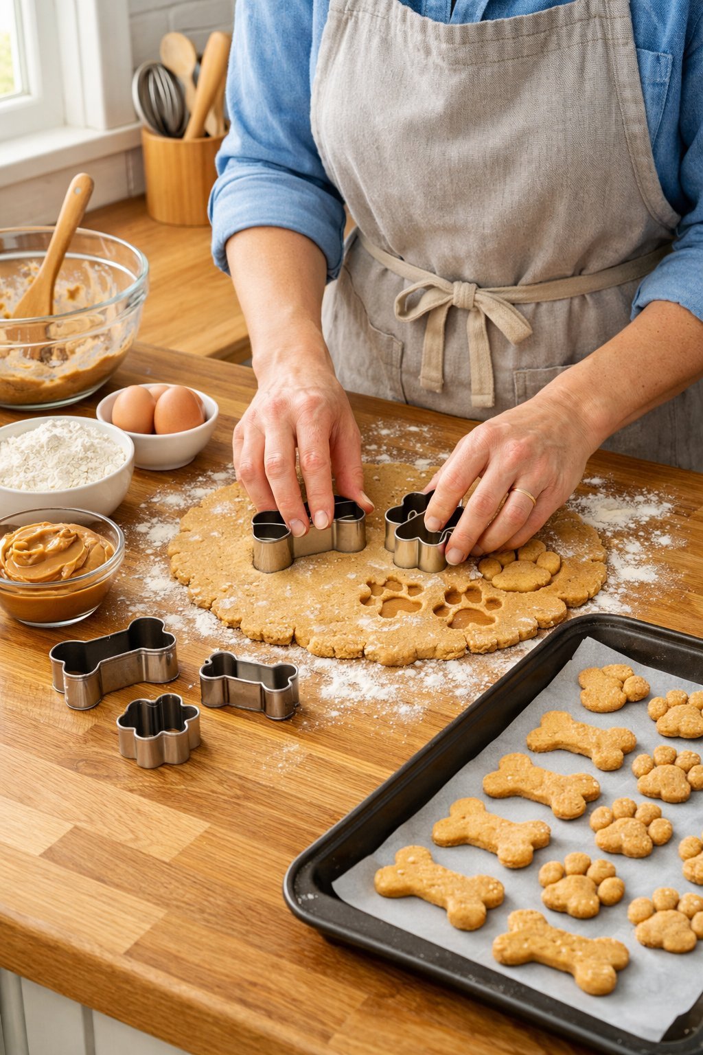 A person cutting dog treat dough with bone-shaped cookie cutters on a kitchen counter surrounded by baking ingredients and a tray of uncooked dog treats.