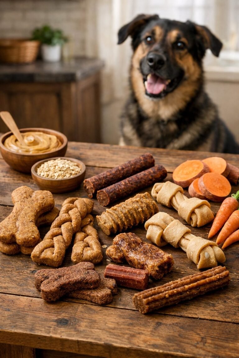 A variety of homemade dog treats displayed on a wooden table with fresh ingredients nearby and a large dog looking at the treats.