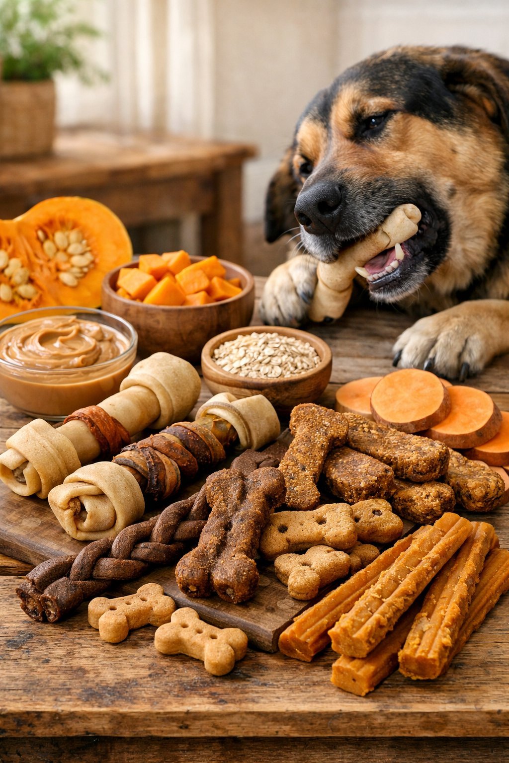 A large dog chewing on a homemade dog treat with various dog treats and fresh ingredients displayed on a wooden table.