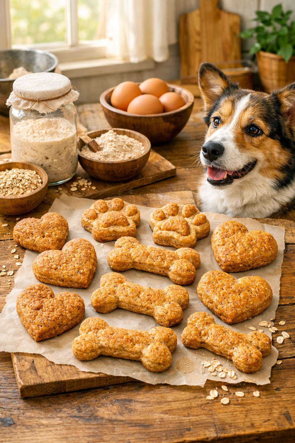 A happy dog sitting near a wooden table with ten homemade sourdough dog treats and fresh baking ingredients in a bright kitchen.