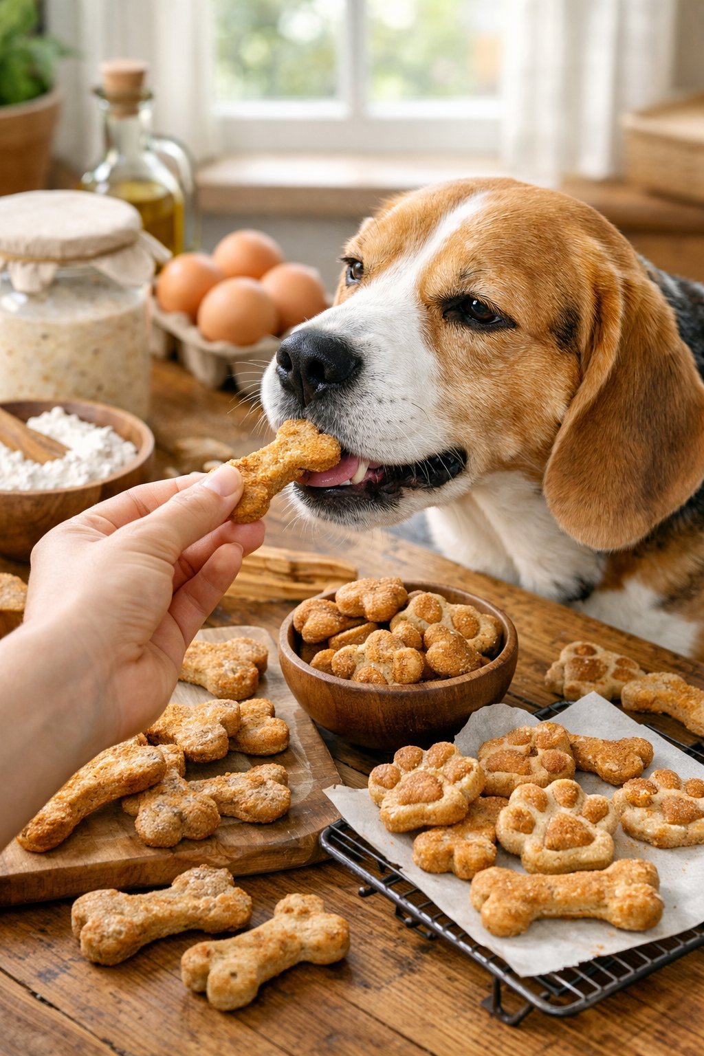 A happy dog taking a homemade sourdough dog treat from a person's hand on a wooden table with various dog treats and baking ingredients nearby.