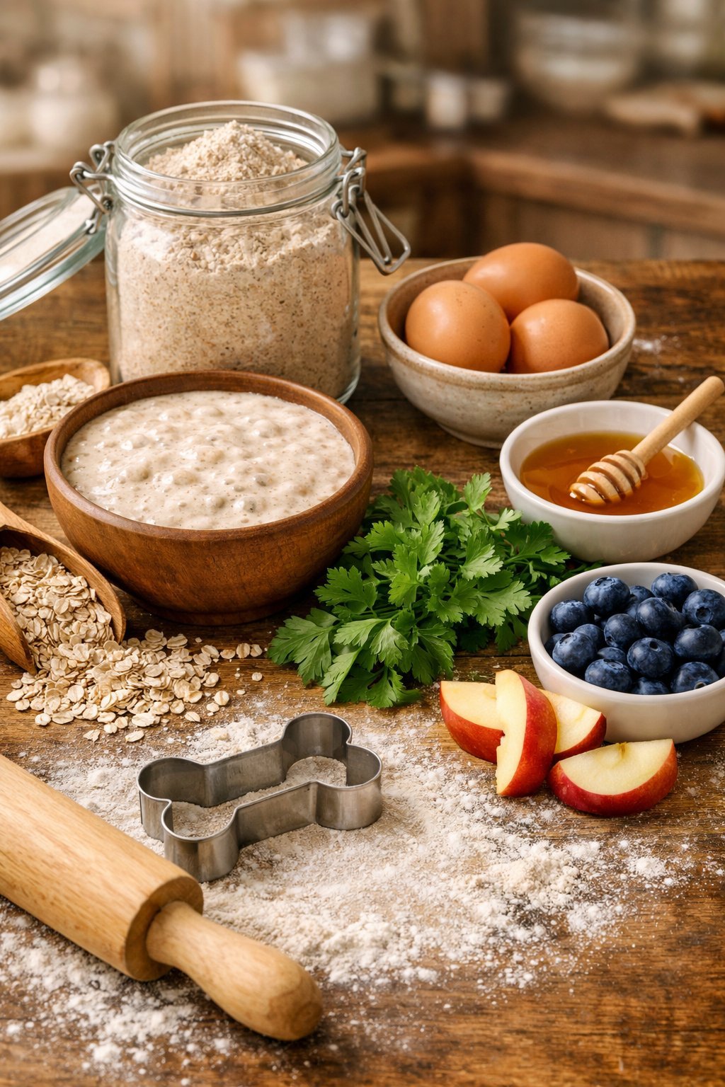 A variety of ingredients for making sourdough dog treats arranged on a wooden table including sourdough starter, flour, oats, eggs, parsley, honey, and dog-safe fruits.