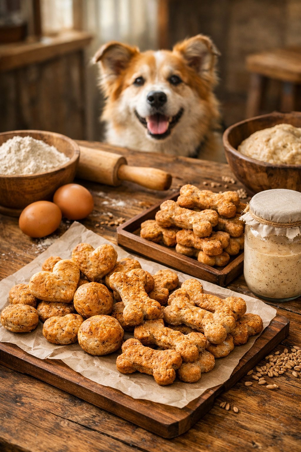 A variety of homemade sourdough dog treats displayed on a wooden table with a happy dog looking at them.