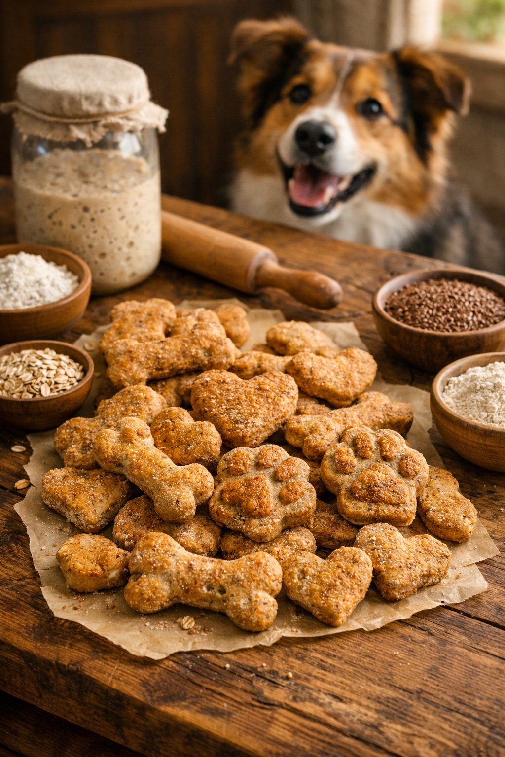 A wooden table with various homemade sourdough dog treats and a happy dog looking at them.