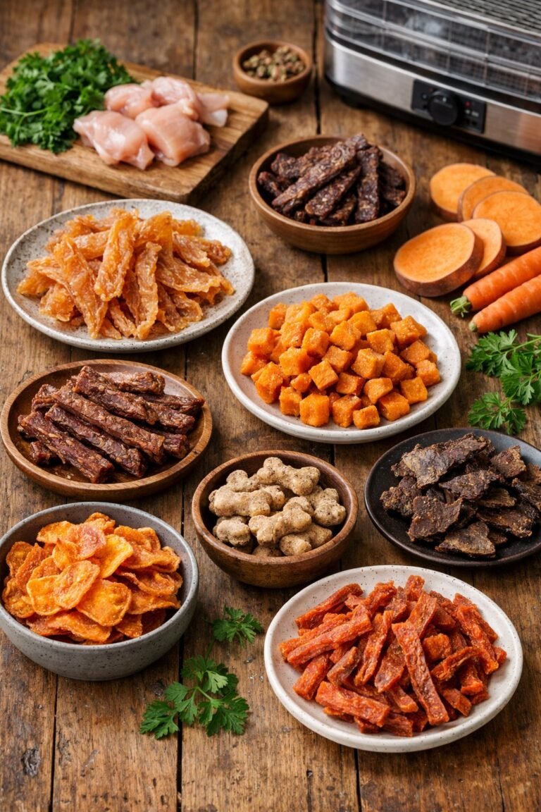 A kitchen table displaying ten different types of homemade dehydrated dog treats on plates with fresh ingredients nearby.