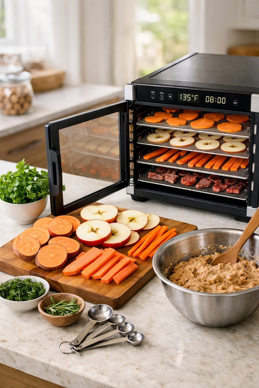 10 Dehydrated Dog Treats You Can Make at Home: Easy and Healthy Recipes for Your Pup Kitchen countertop with sliced fruits and vegetables, a food dehydrator with trays of drying dog treats, fresh herbs, and mixing bowls.