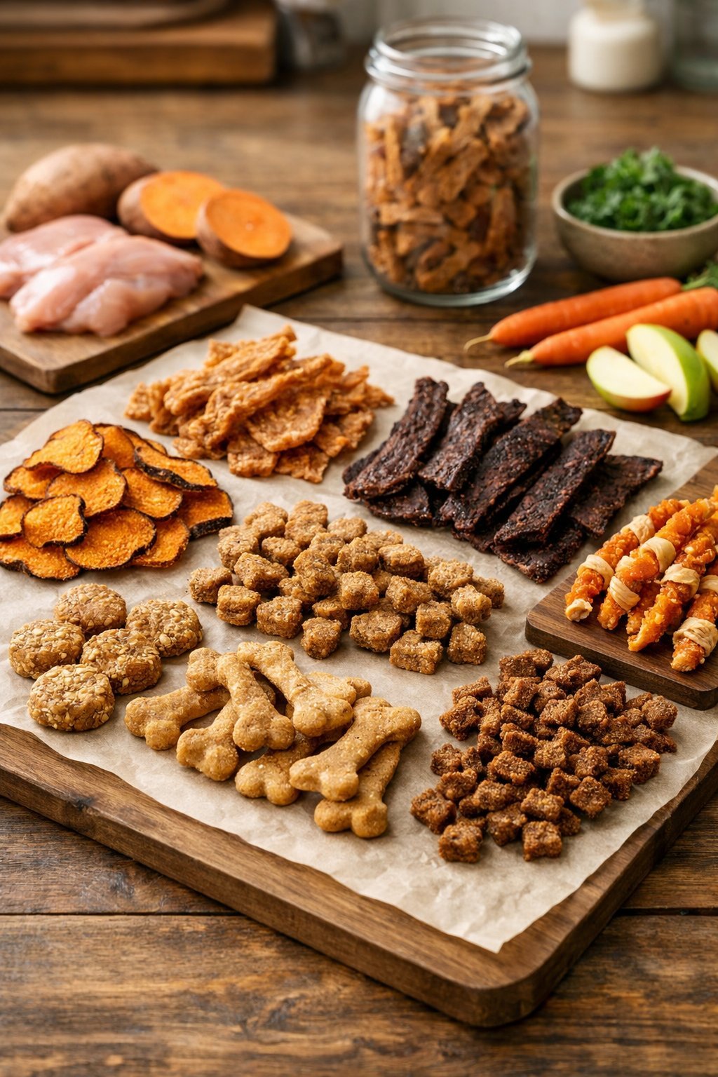 10 Dehydrated Dog Treats You Can Make at Home: Easy and Healthy Recipes for Your Pup A wooden table with various homemade dehydrated dog treats and fresh ingredients arranged neatly, set in a kitchen environment.