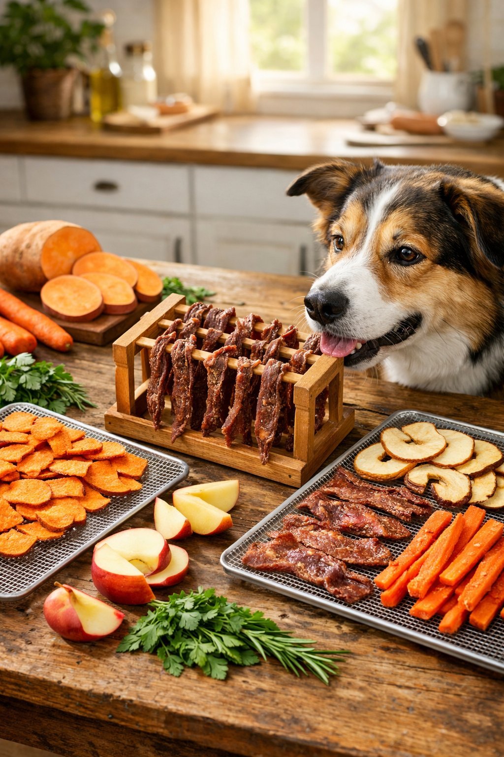 10 Dehydrated Dog Treats You Can Make at Home: Easy and Healthy Recipes for Your Pup A variety of homemade dehydrated dog treats displayed on a wooden table with a dog sniffing them in a bright kitchen.