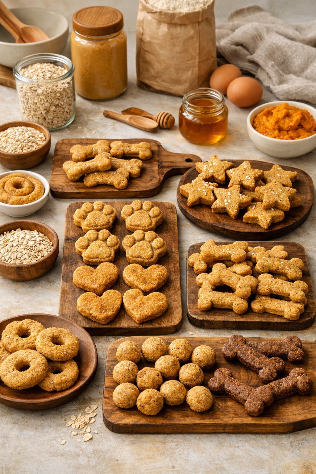A kitchen countertop displaying a variety of freshly baked dog treats with common baking ingredients arranged around them.