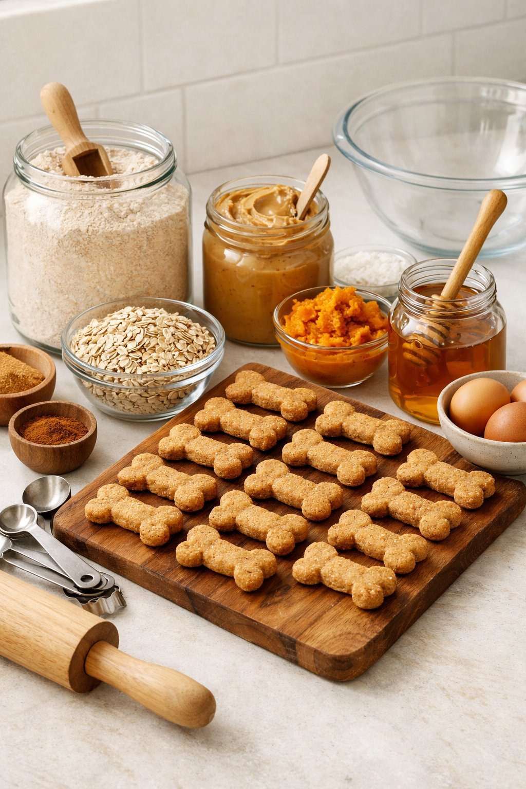 A kitchen countertop with pantry ingredients and freshly baked bone-shaped dog treats arranged on a wooden board.
