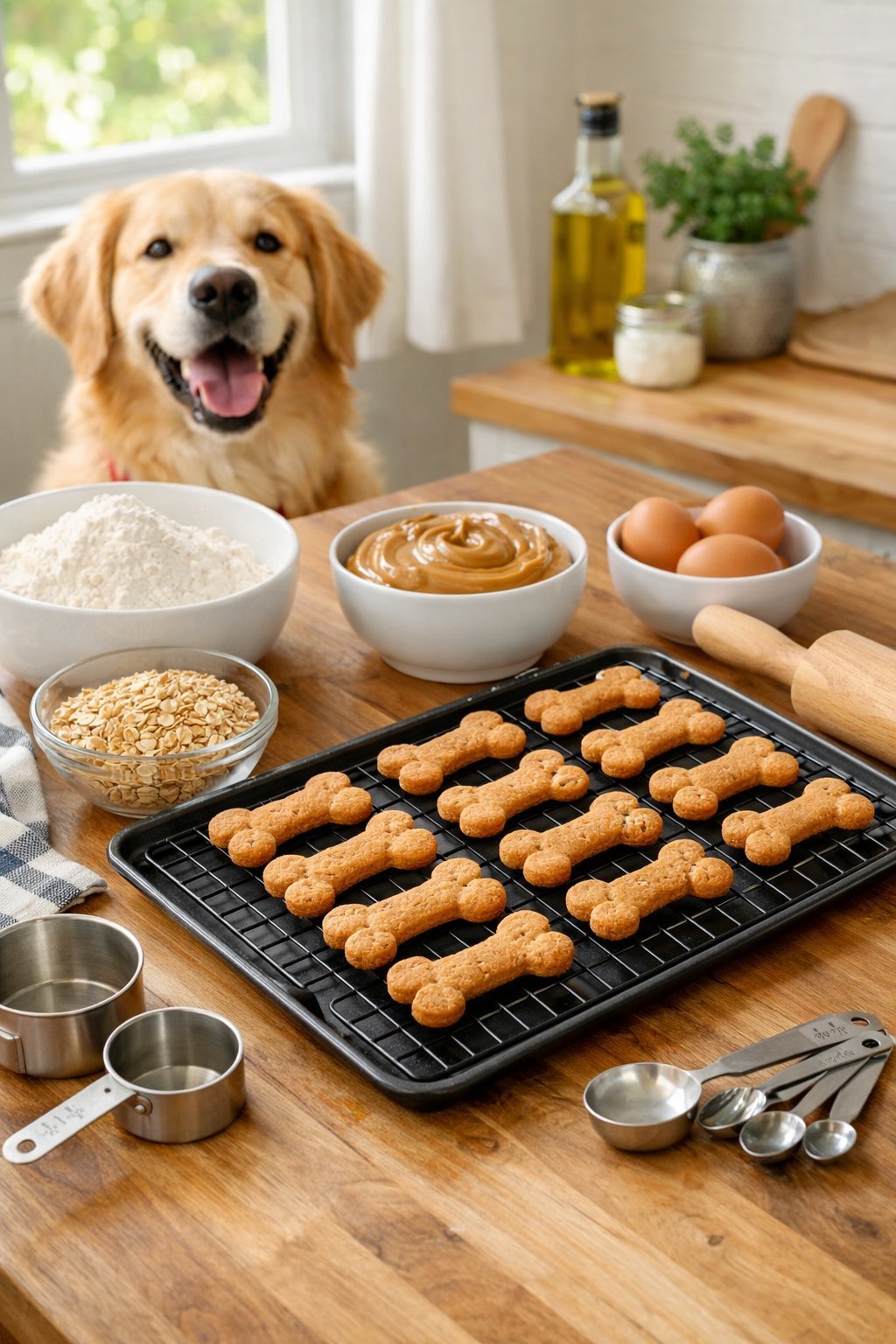 A kitchen countertop with ingredients and tools for baking dog treats, a tray of baked dog treats cooling, and a dog watching nearby.