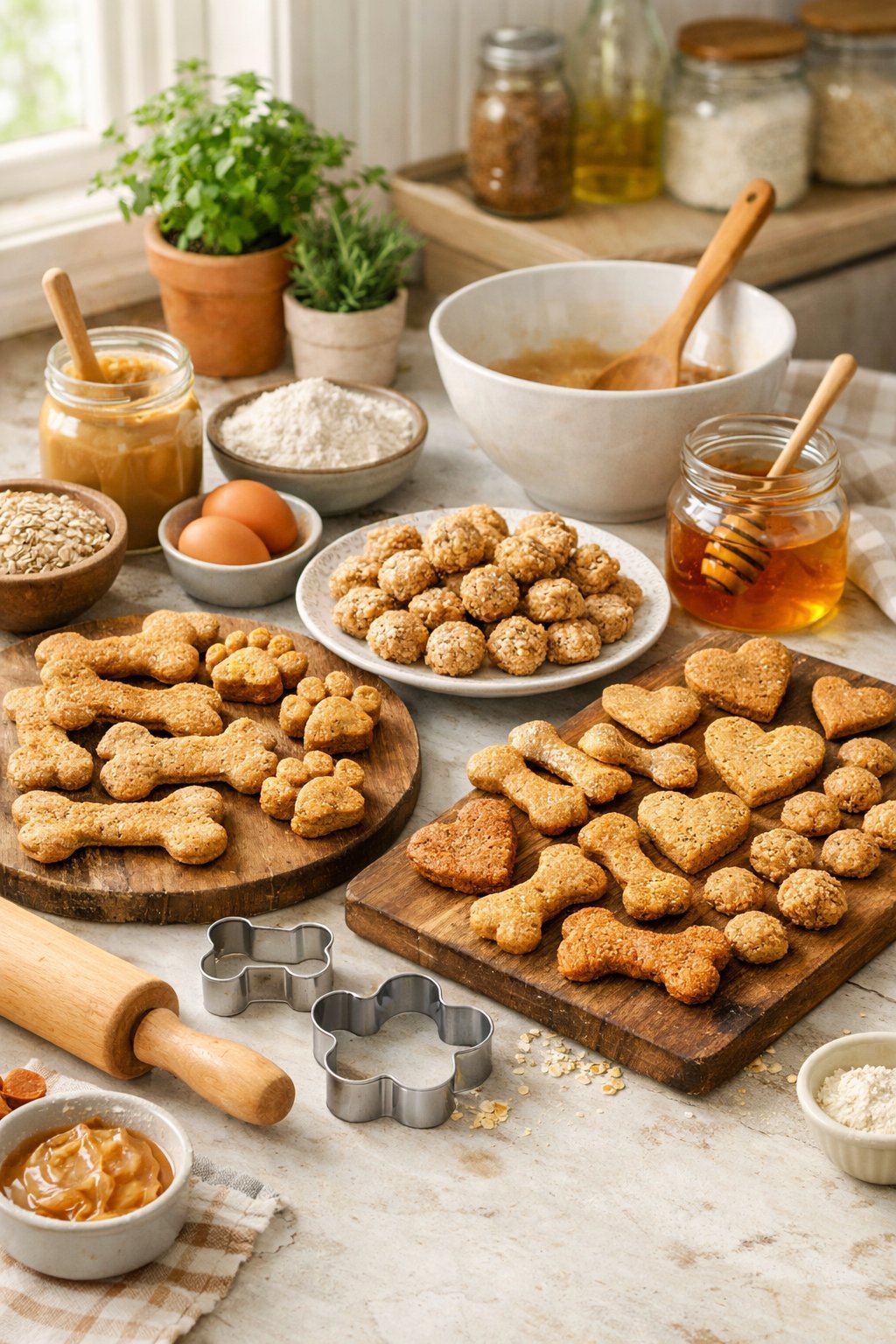 A kitchen countertop with freshly baked dog treats on wooden boards surrounded by common pantry ingredients and baking tools.
