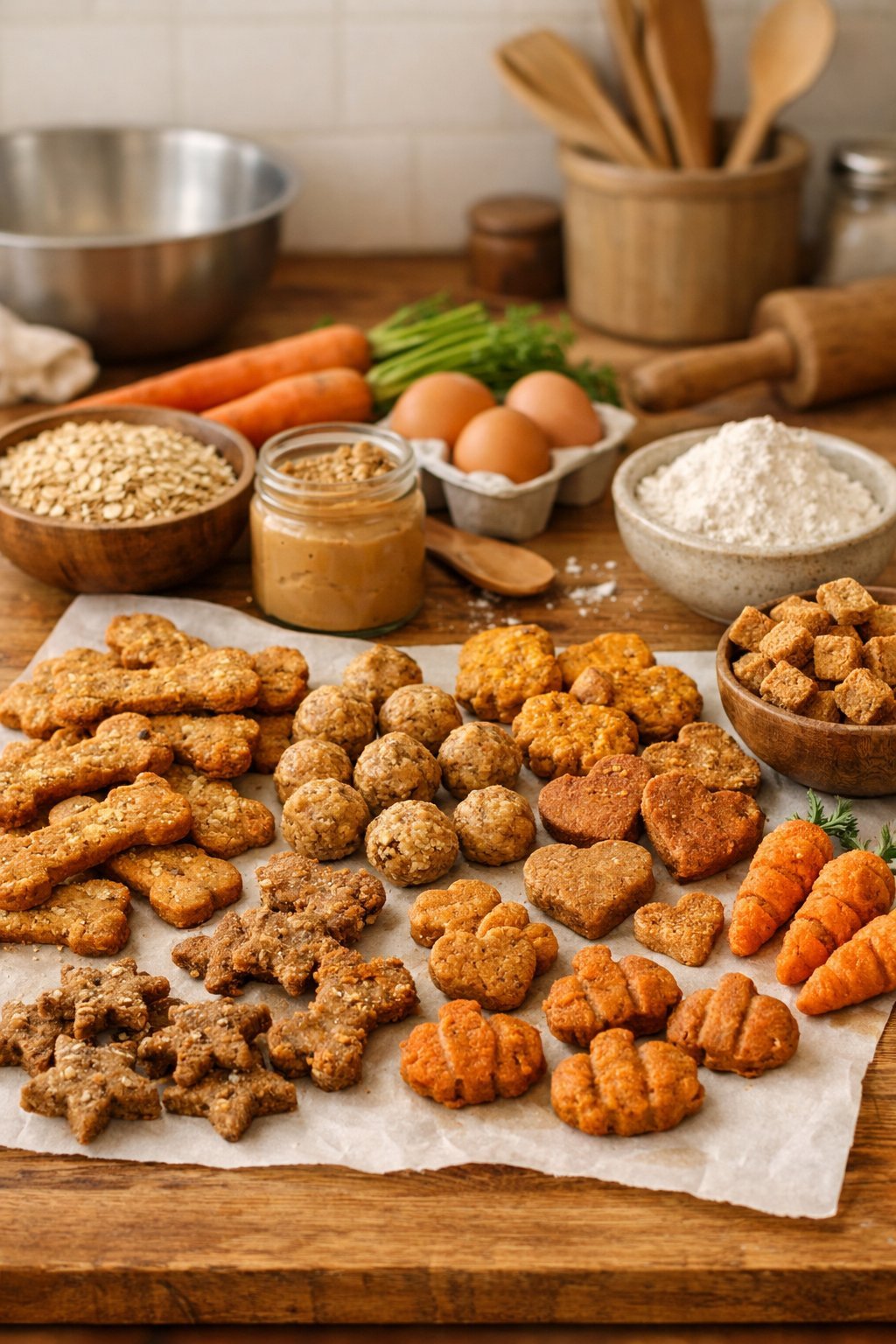 Assorted homemade dog treats on a wooden countertop surrounded by common baking ingredients in a kitchen setting.