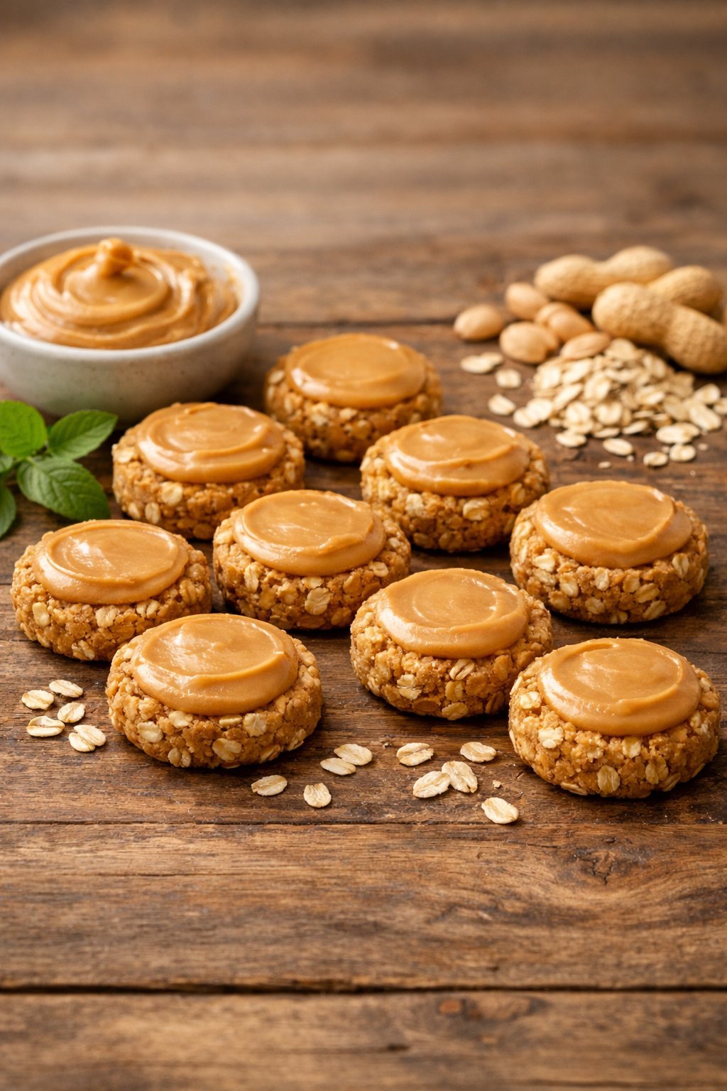 Ten peanut butter and oats dog treats arranged on a wooden surface with a bowl of peanut butter and scattered oats nearby.
