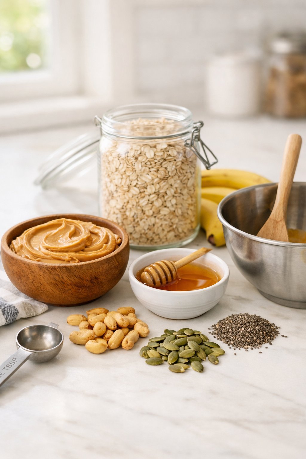 A kitchen countertop with bowls of peanut butter, oats, honey, bananas, and nuts arranged for making dog treats.