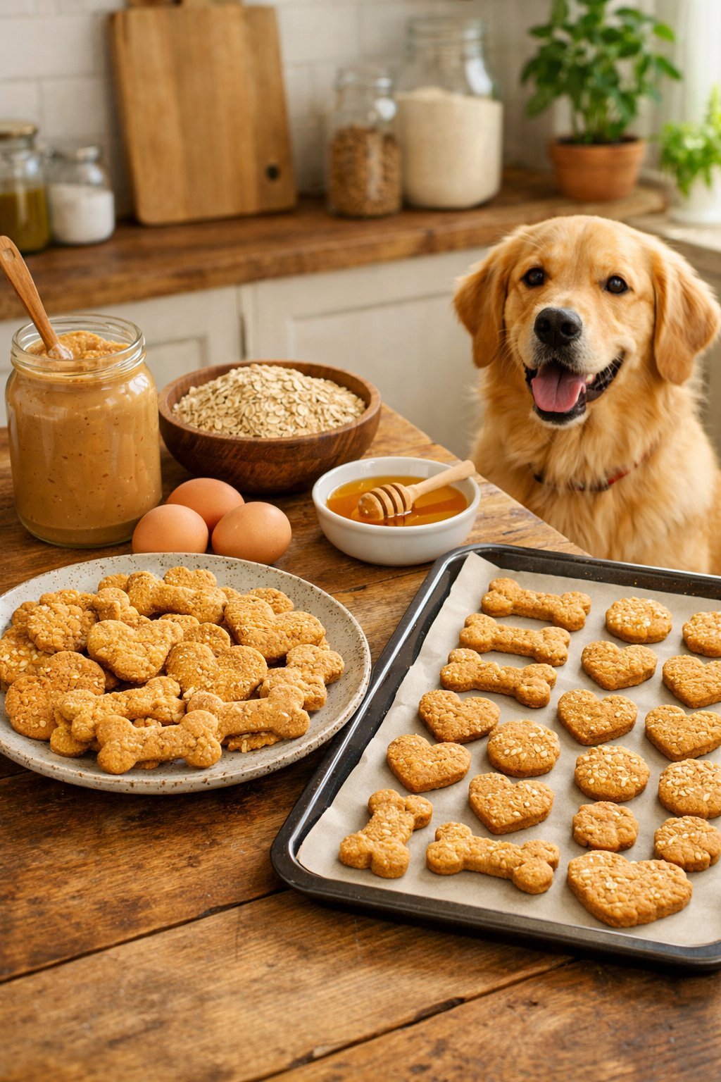 A variety of homemade peanut butter and oats dog treats on a wooden table with ingredients and a golden retriever dog looking at them.