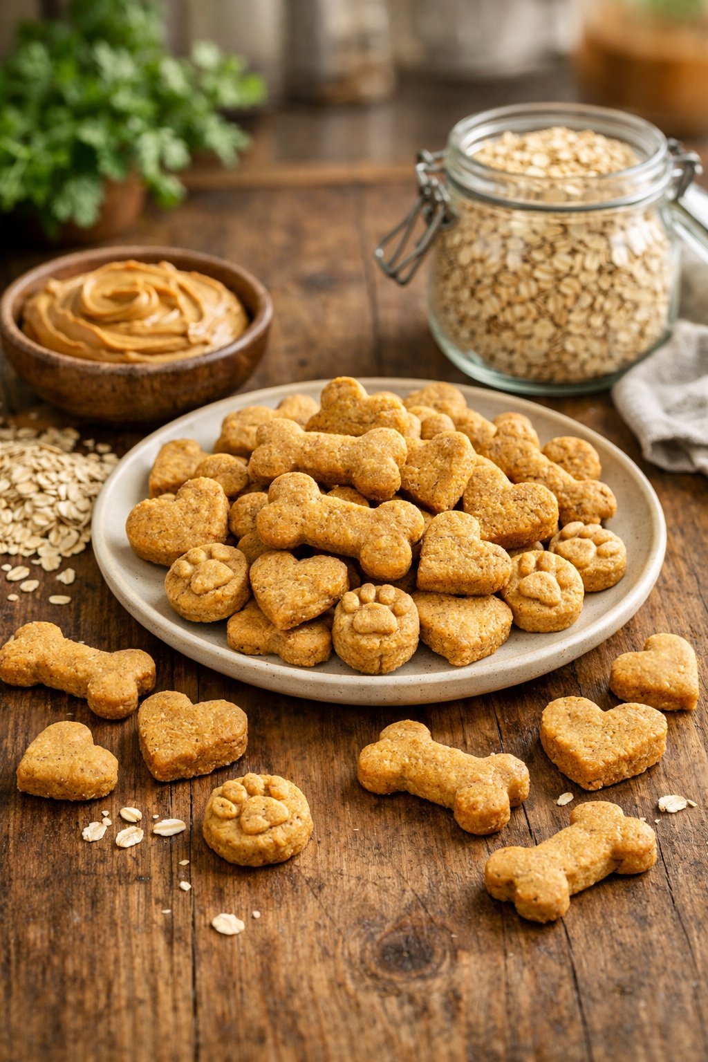A variety of homemade peanut butter and oats dog treats on a wooden table with bowls of peanut butter and oats nearby.
