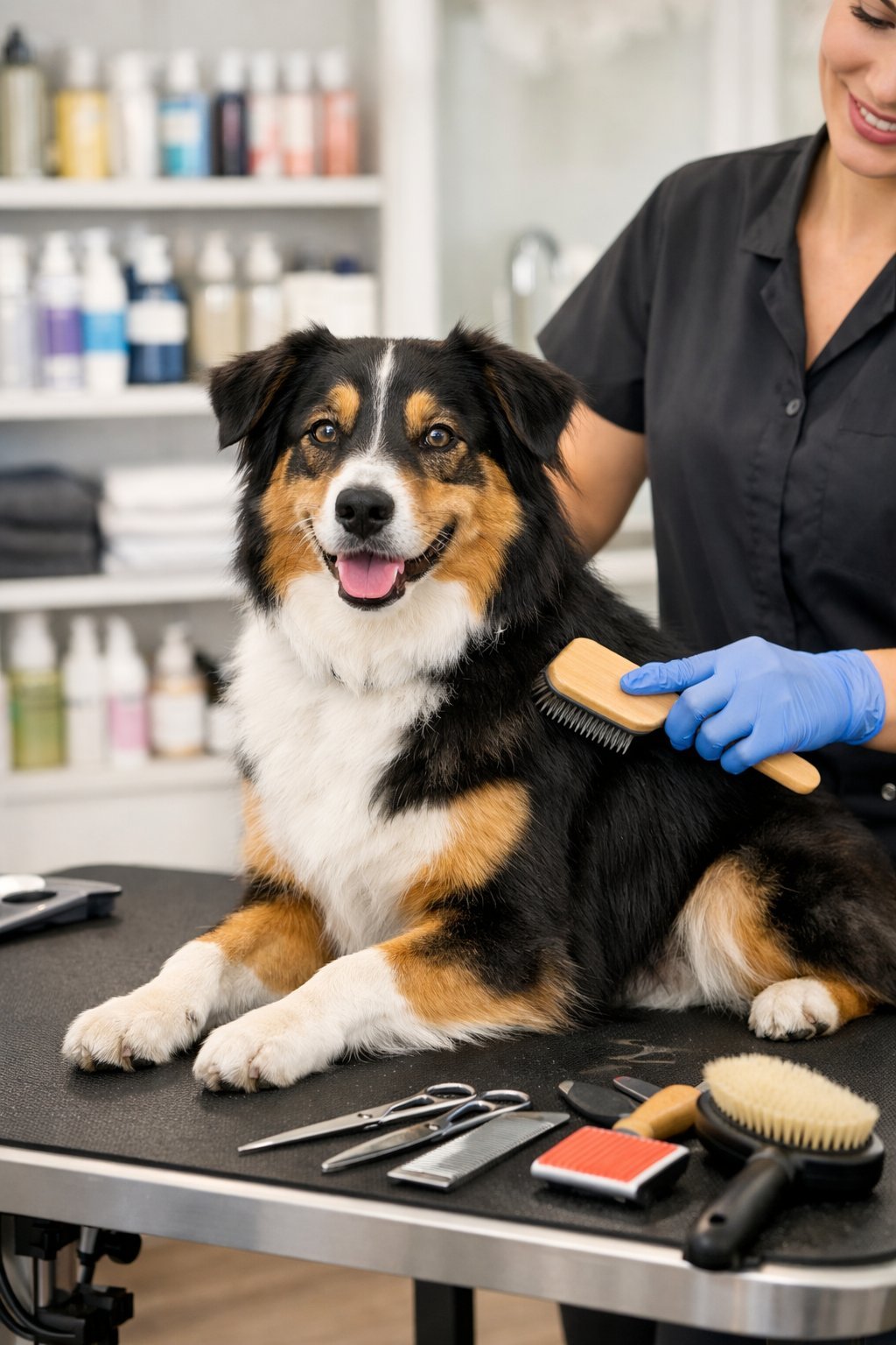 A groomer brushing a calm dog on a grooming table in a clean pet grooming salon.