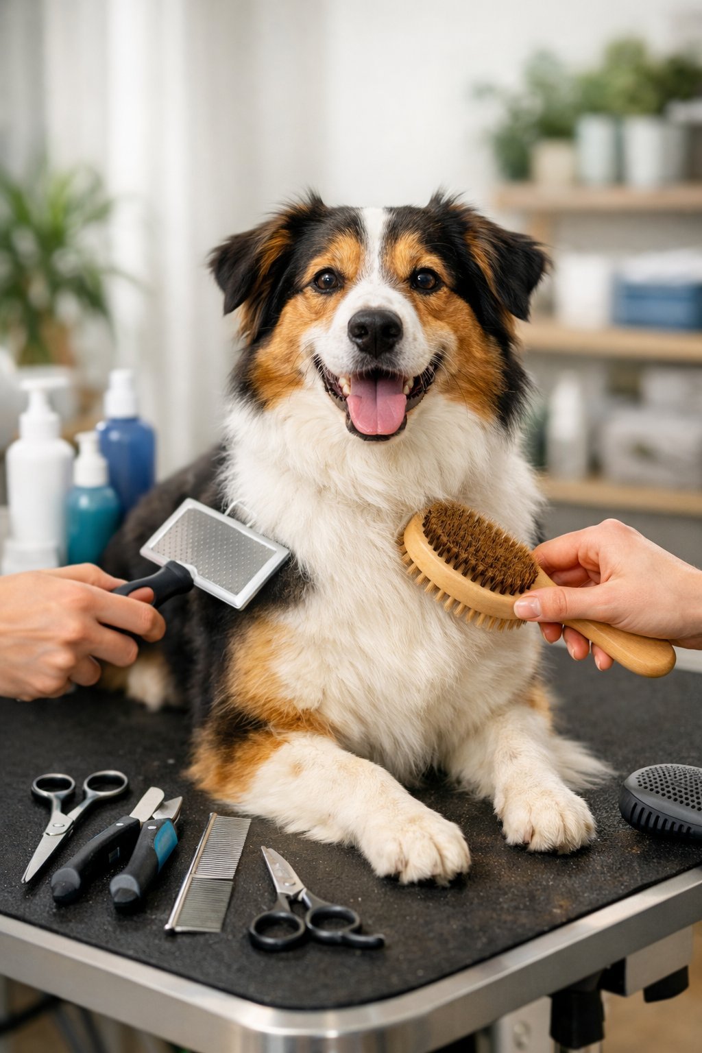 A dog sitting on a grooming table being brushed by a person using grooming tools in a clean salon.