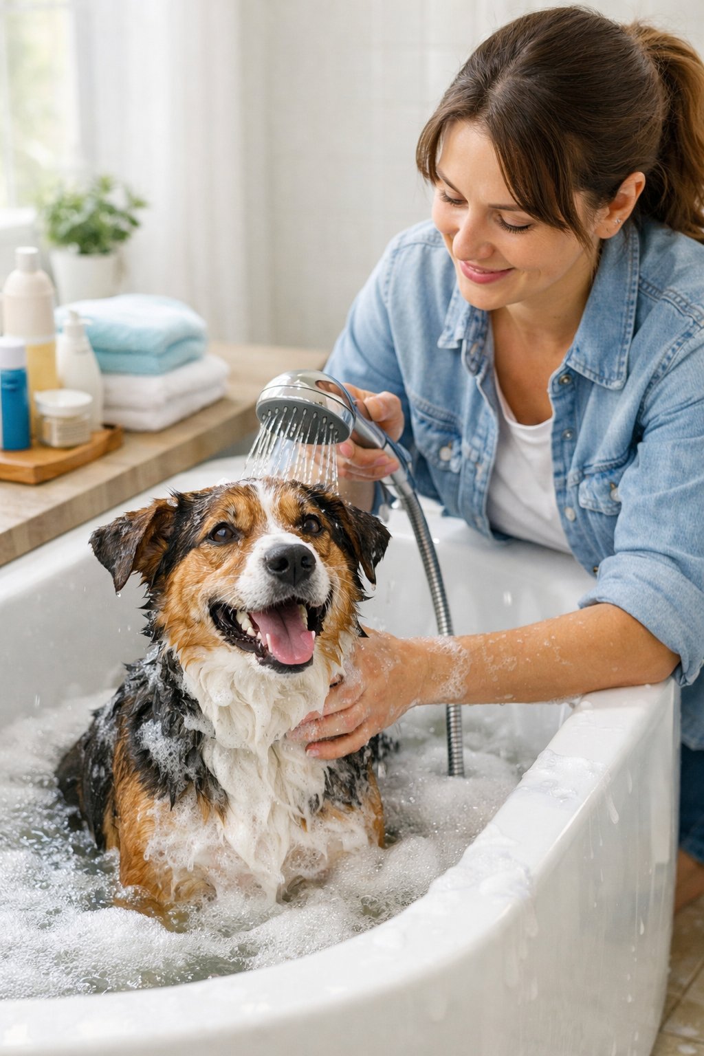 A person bathing a medium-sized dog in a bathtub with grooming supplies nearby.