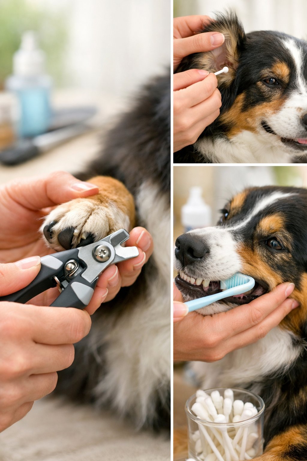 A person grooming a calm dog by trimming its nails, cleaning its ears, and brushing its teeth indoors.