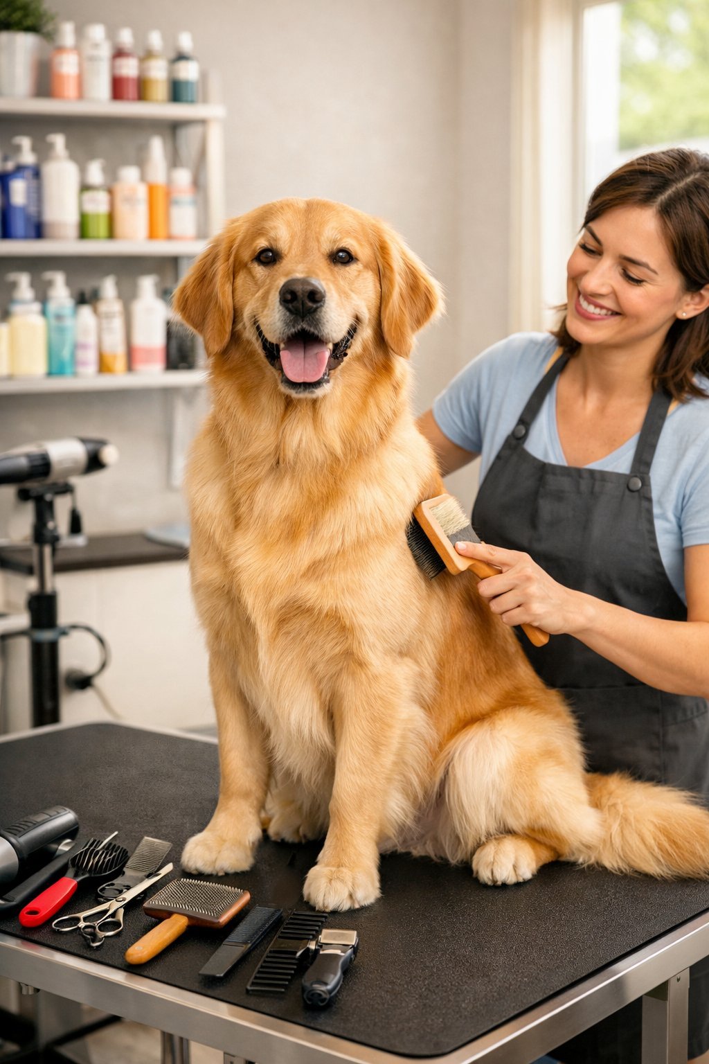 A groomer brushing a happy golden retriever on a grooming table surrounded by grooming tools and products in a bright salon.