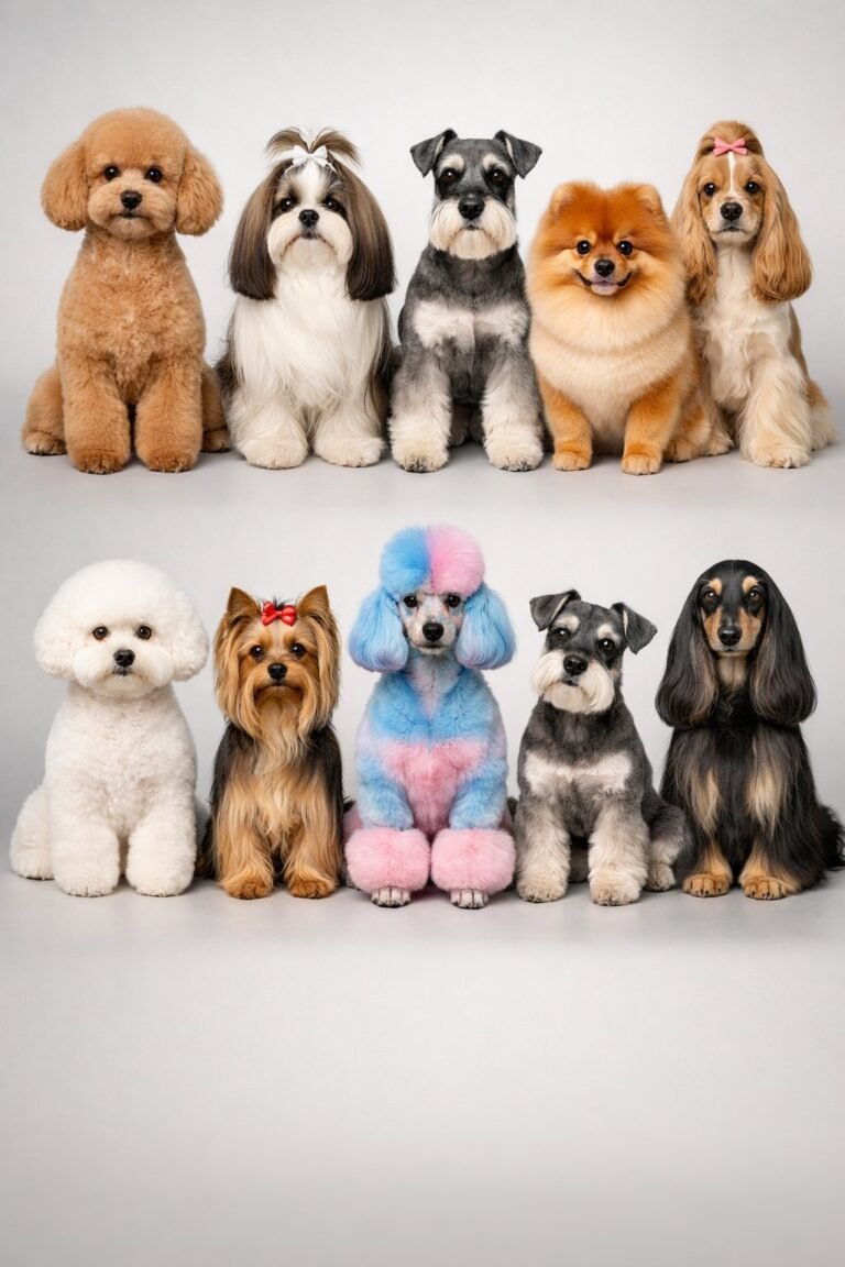 A studio photo of ten different well-groomed dogs of various breeds arranged in two rows against a plain background.