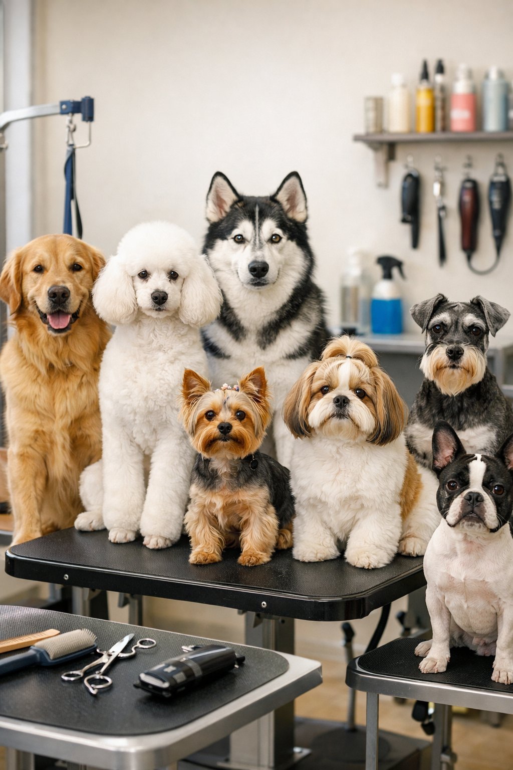 Several dogs of different breeds sitting calmly on grooming tables in a bright grooming salon.