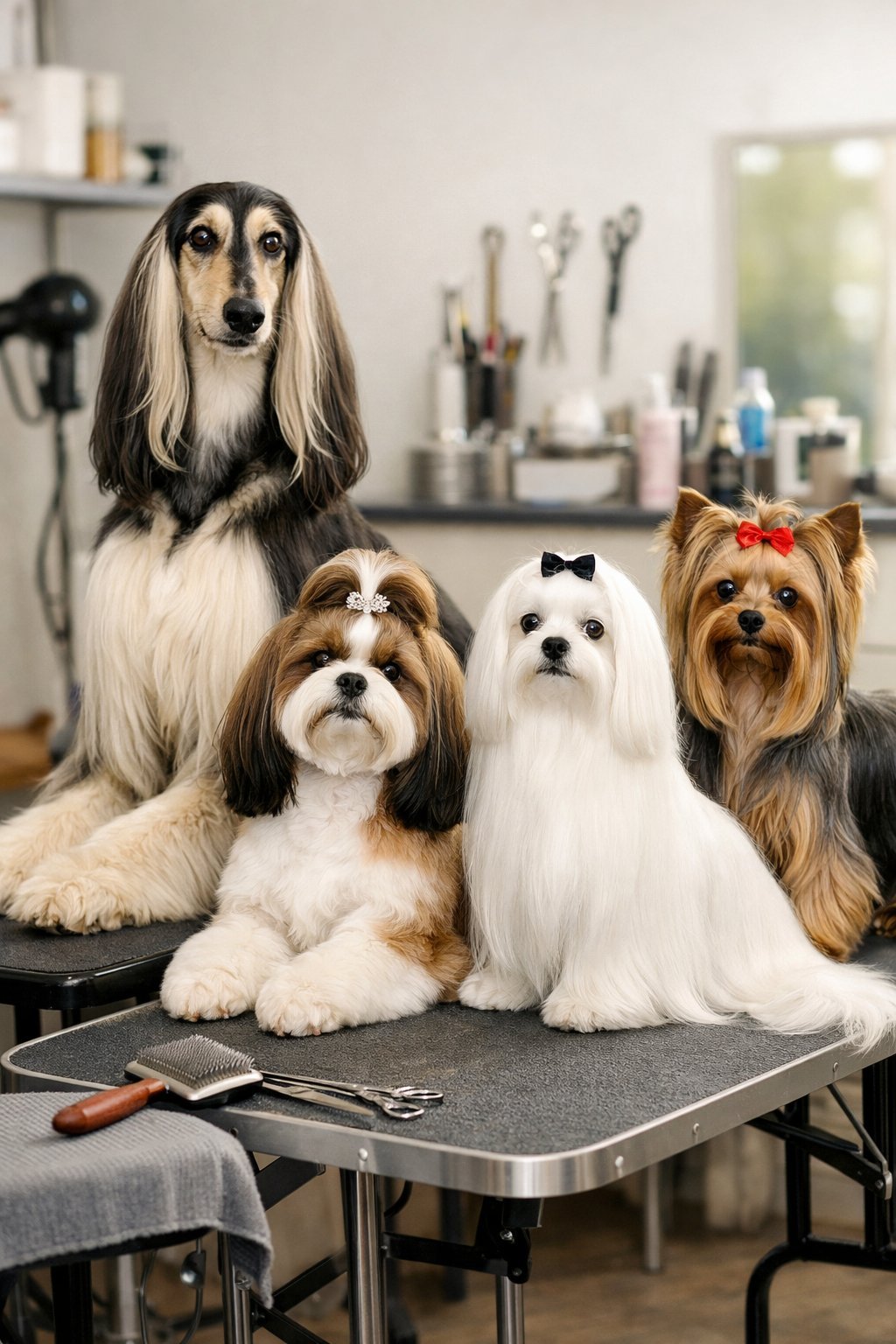 Several long-haired dogs sitting calmly in a bright grooming salon with well-maintained coats.