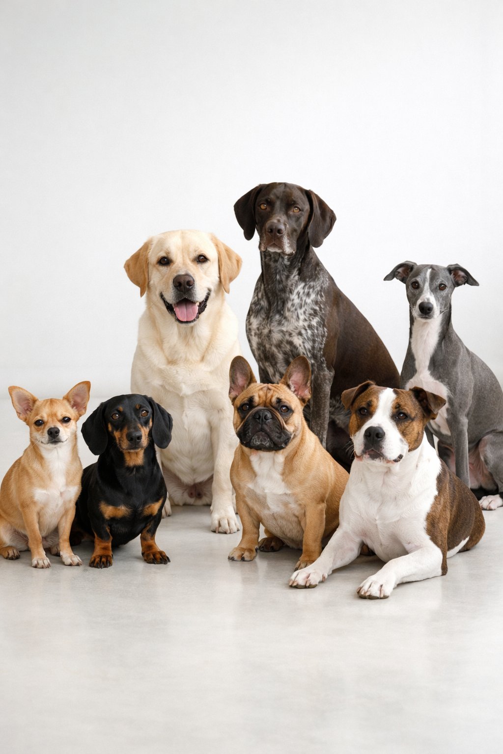 A group of calm, well-groomed dogs of different breeds posed together in a bright studio setting.