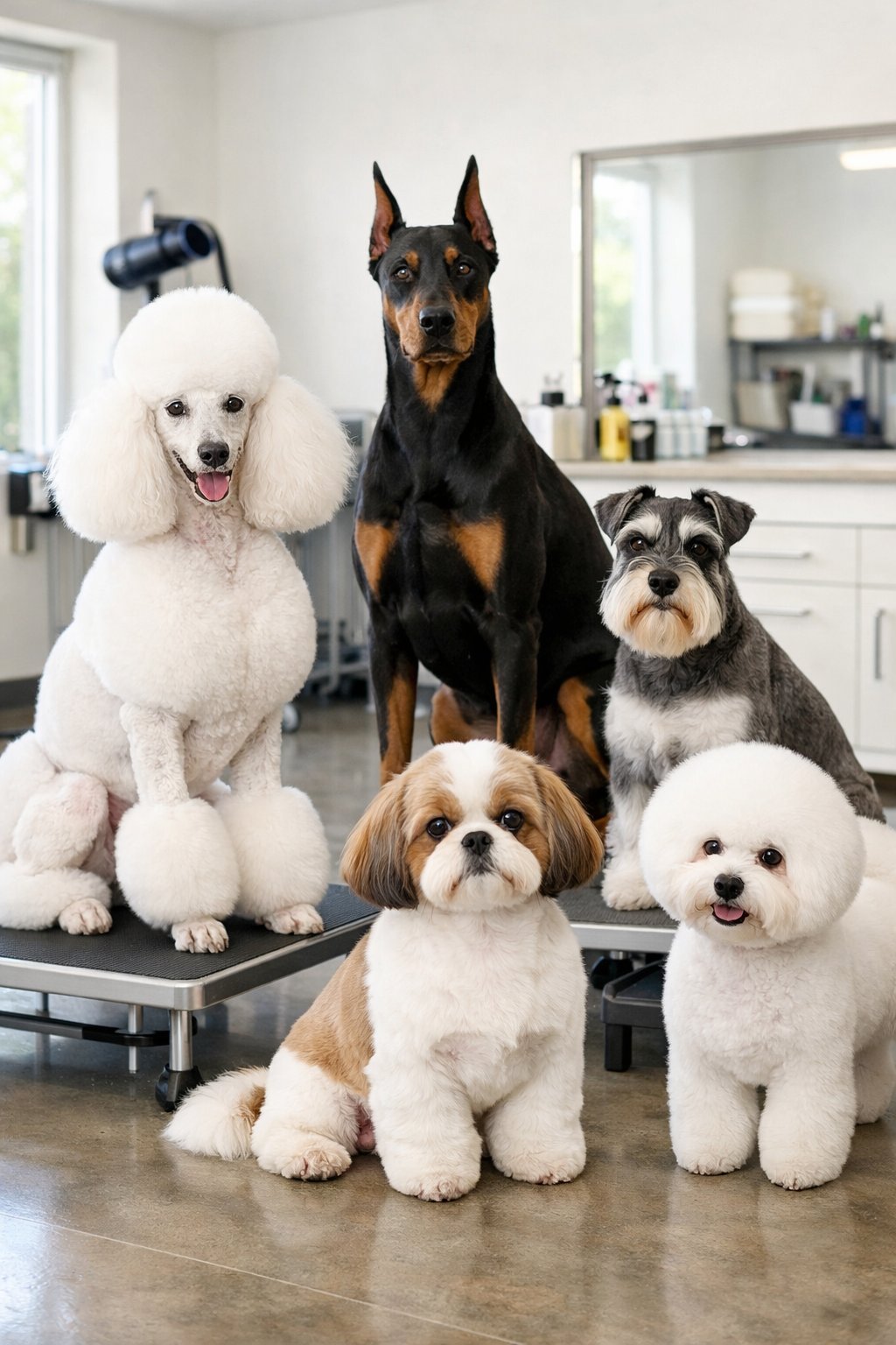 A group of different dog breeds calmly posed in a bright grooming salon, each with a distinct groomed coat.