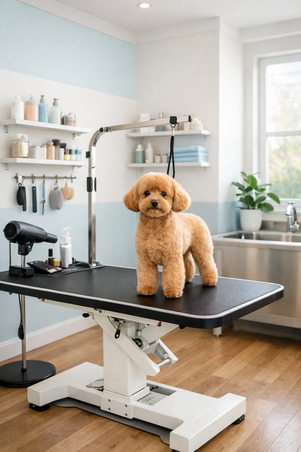 Interior of a dog grooming salon with a dog on a grooming table surrounded by grooming tools and shelves, lit by natural light.