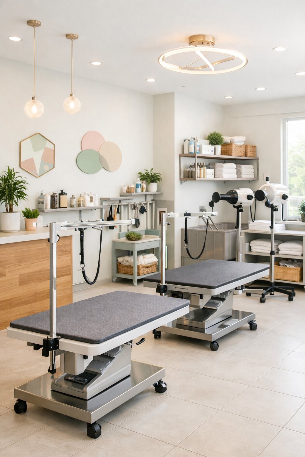 A clean and modern dog grooming salon interior with grooming tables, plants, and natural light.