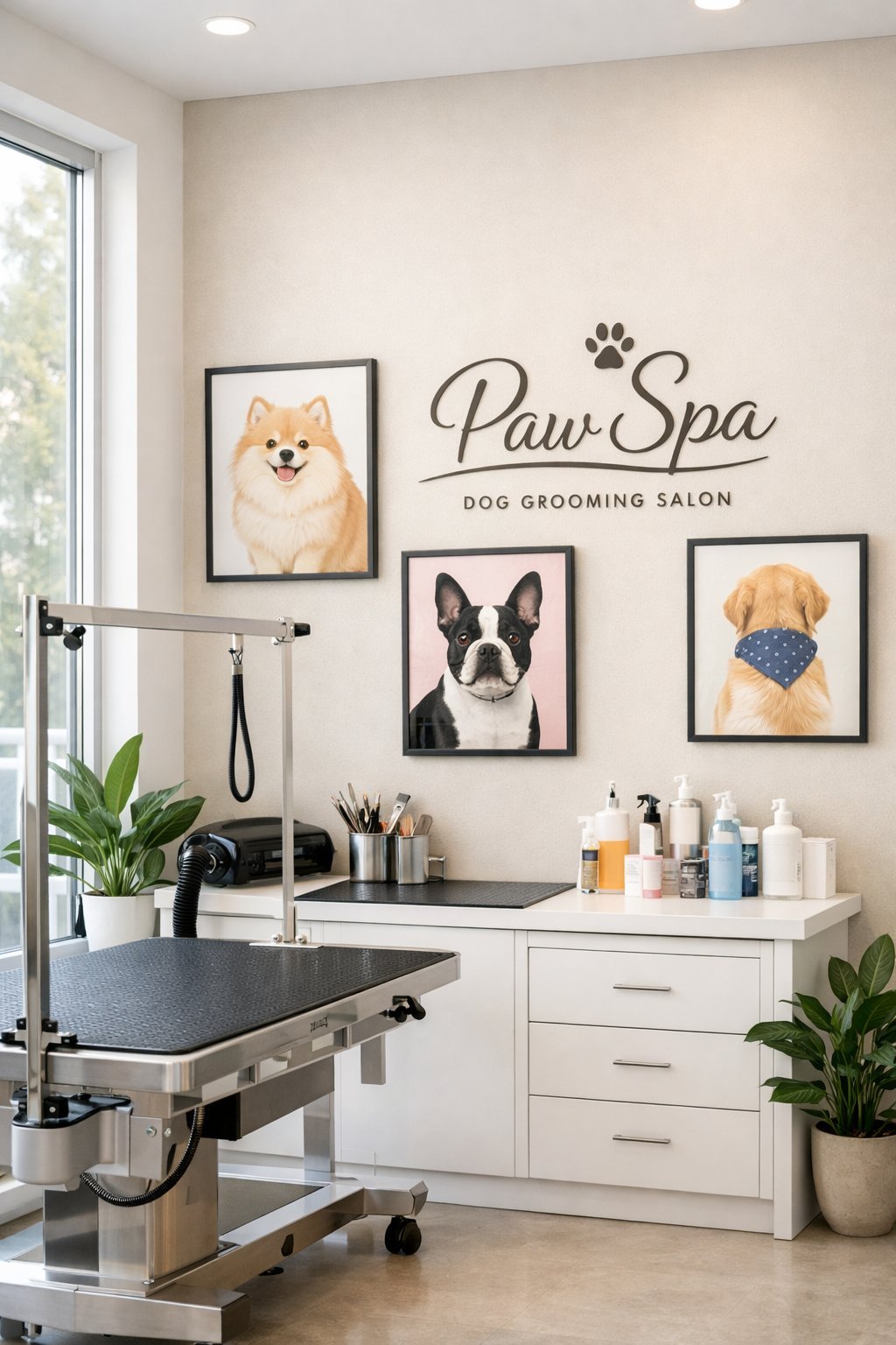 Interior of a clean and modern dog grooming salon with stylish wall art, grooming stations, and plants.