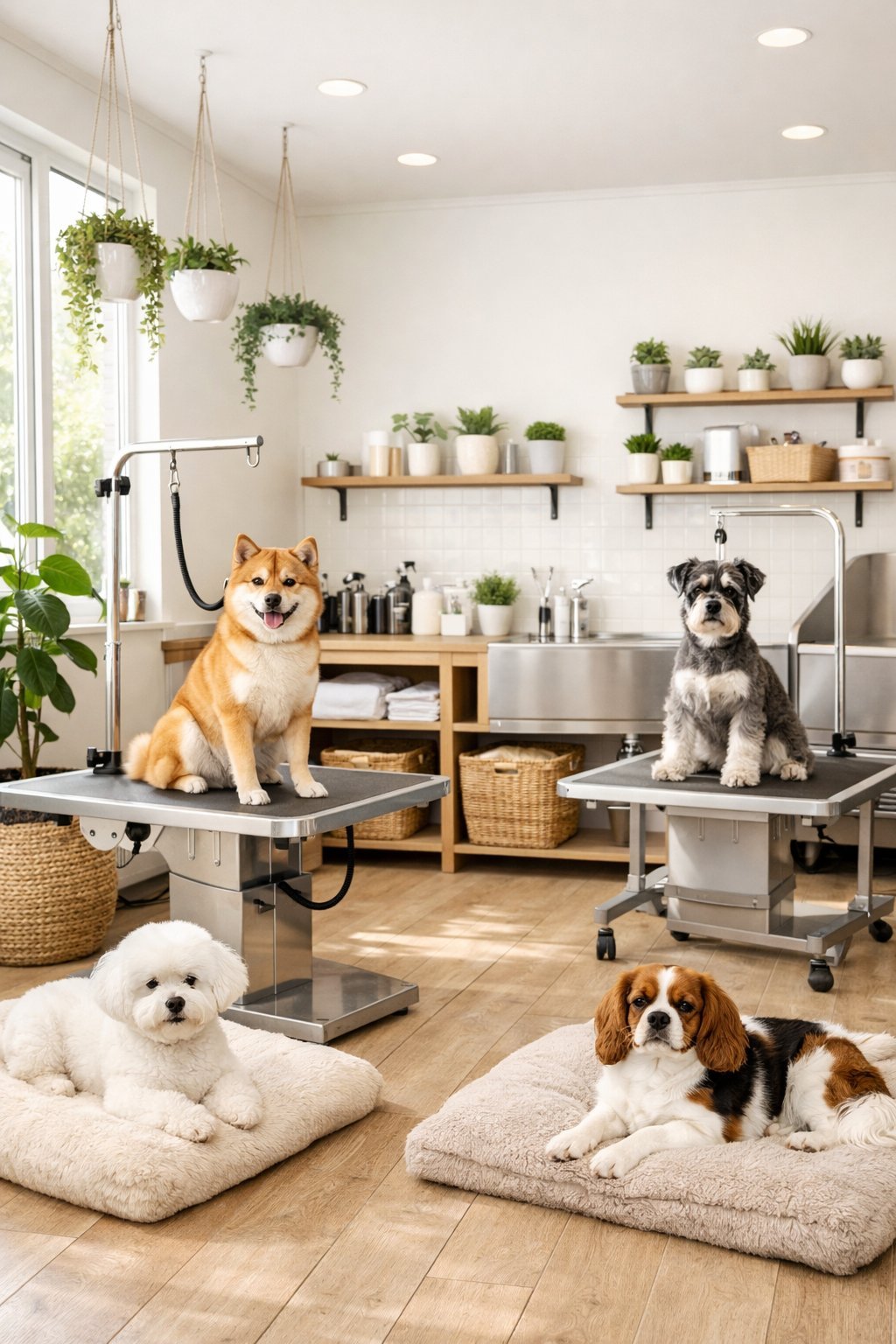 A clean and modern dog grooming salon interior with natural light, green plants, grooming stations, and calm dogs.