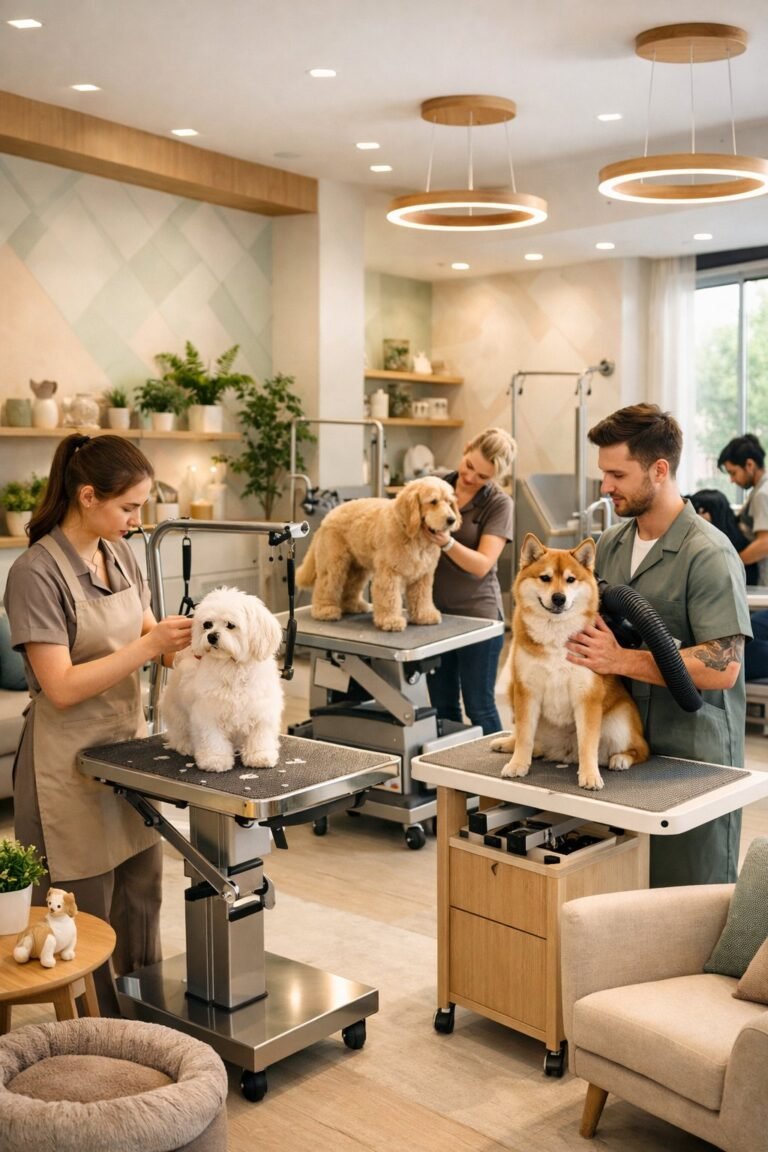 A modern dog grooming salon with groomers working on dogs, clean grooming stations, plants, and natural light filling the space.