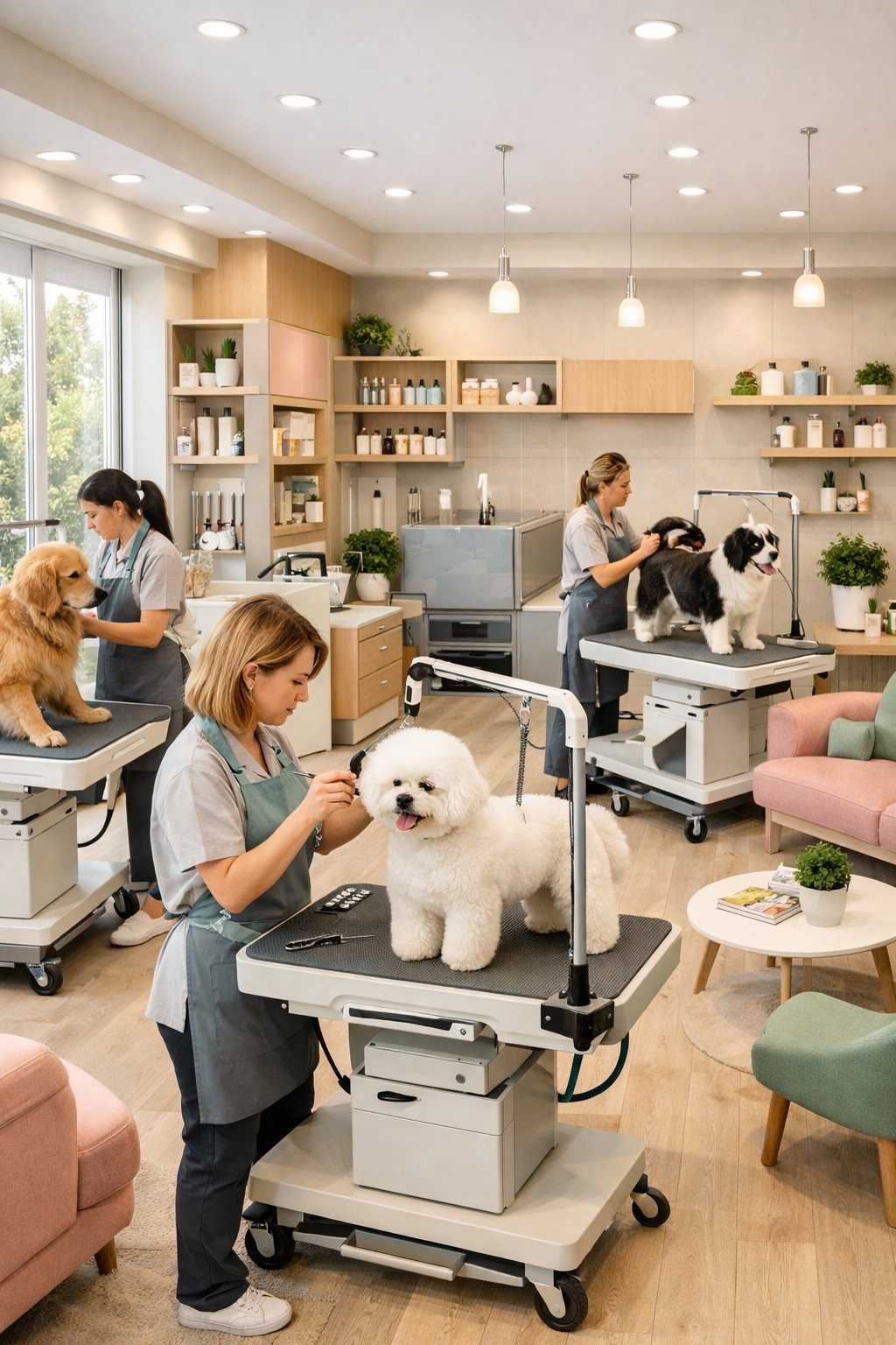 10 Dog Grooming Salon Ideas Decor Trends for 2026: Transform Your Pet Business with Modern Style A modern dog grooming salon interior with grooming stations, professional groomers attending to dogs, and a clean, organized space with natural light and plants.