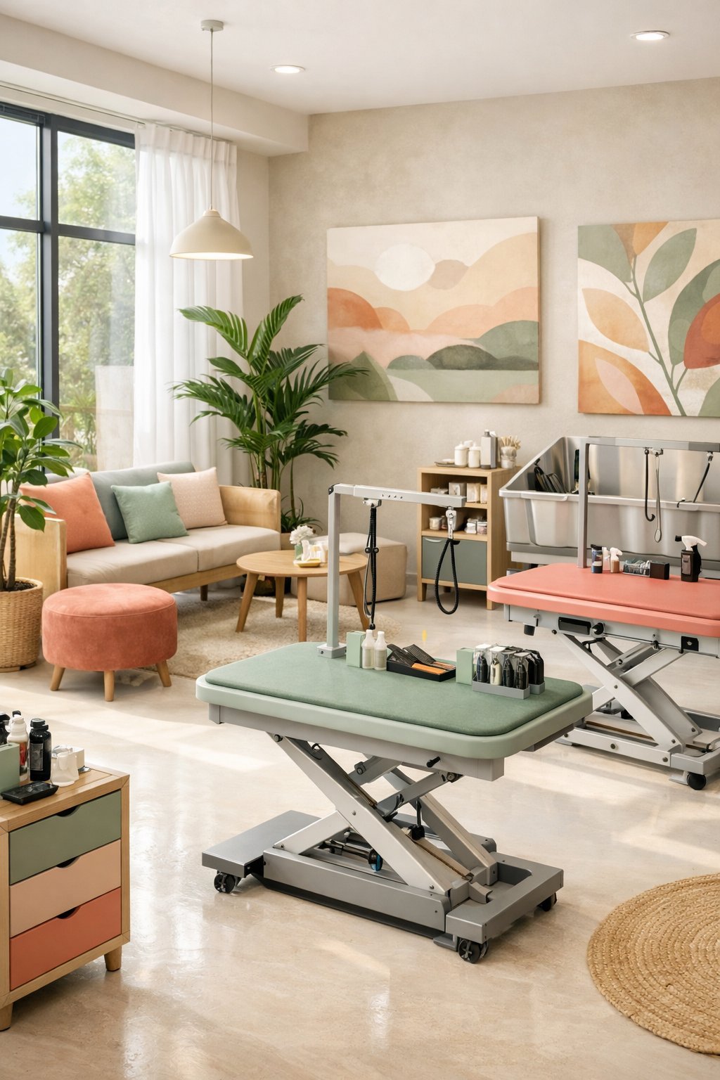 10 Dog Grooming Salon Ideas Decor Trends for 2026: Transform Your Pet Business with Modern Style Interior of a bright and modern dog grooming salon with grooming stations, seating areas, plants, and natural light.