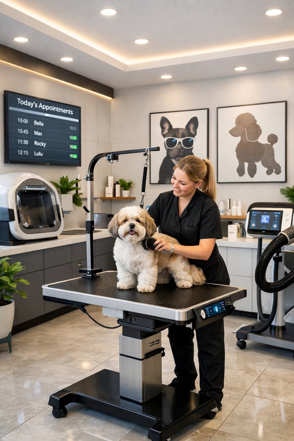 10 Dog Grooming Salon Ideas Decor Trends for 2026: Transform Your Pet Business with Modern Style A modern dog grooming salon interior with a groomer attending to a dog, featuring high-tech grooming equipment and clean, stylish decor.