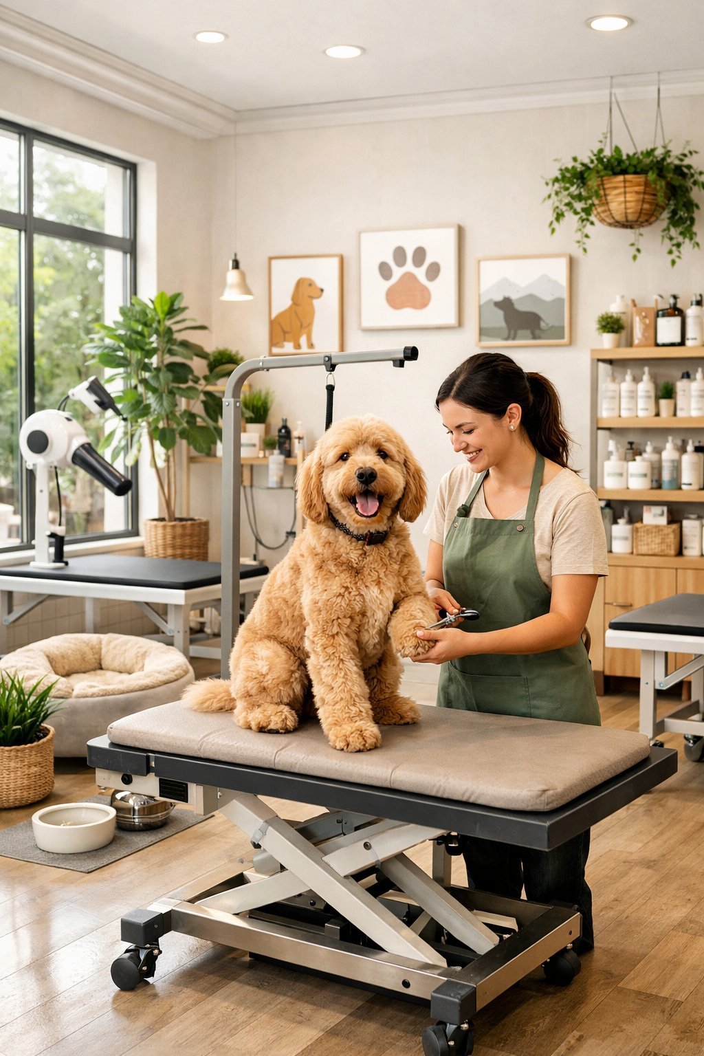 10 Dog Grooming Salon Ideas Decor Trends for 2026: Transform Your Pet Business with Modern Style A dog grooming salon interior with a groomer caring for a dog, cozy pet beds, grooming stations, and decorative plants.