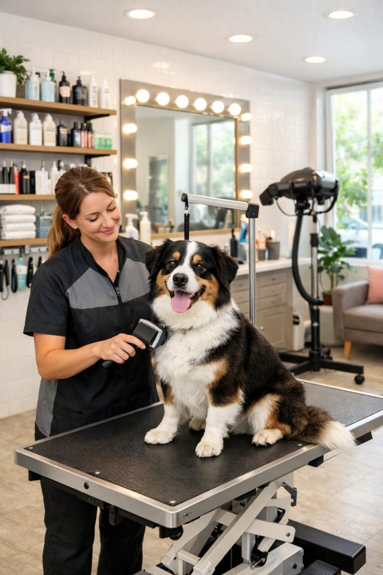 A professional groomer grooming a dog on a table inside a clean and well-equipped dog grooming shop.