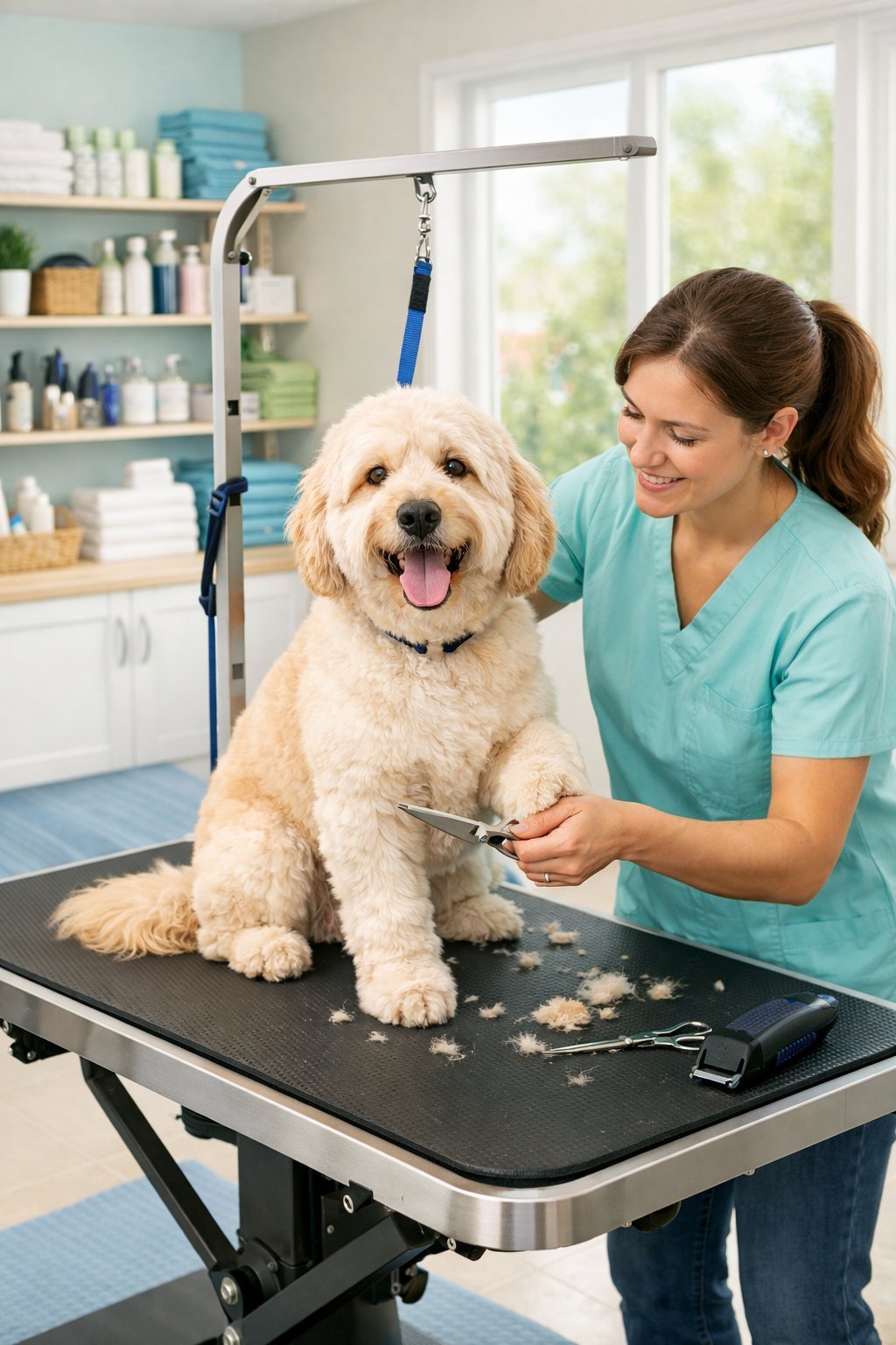 A professional dog groomer trimming a happy dog in a clean and organized grooming shop with grooming tools and safety features visible.