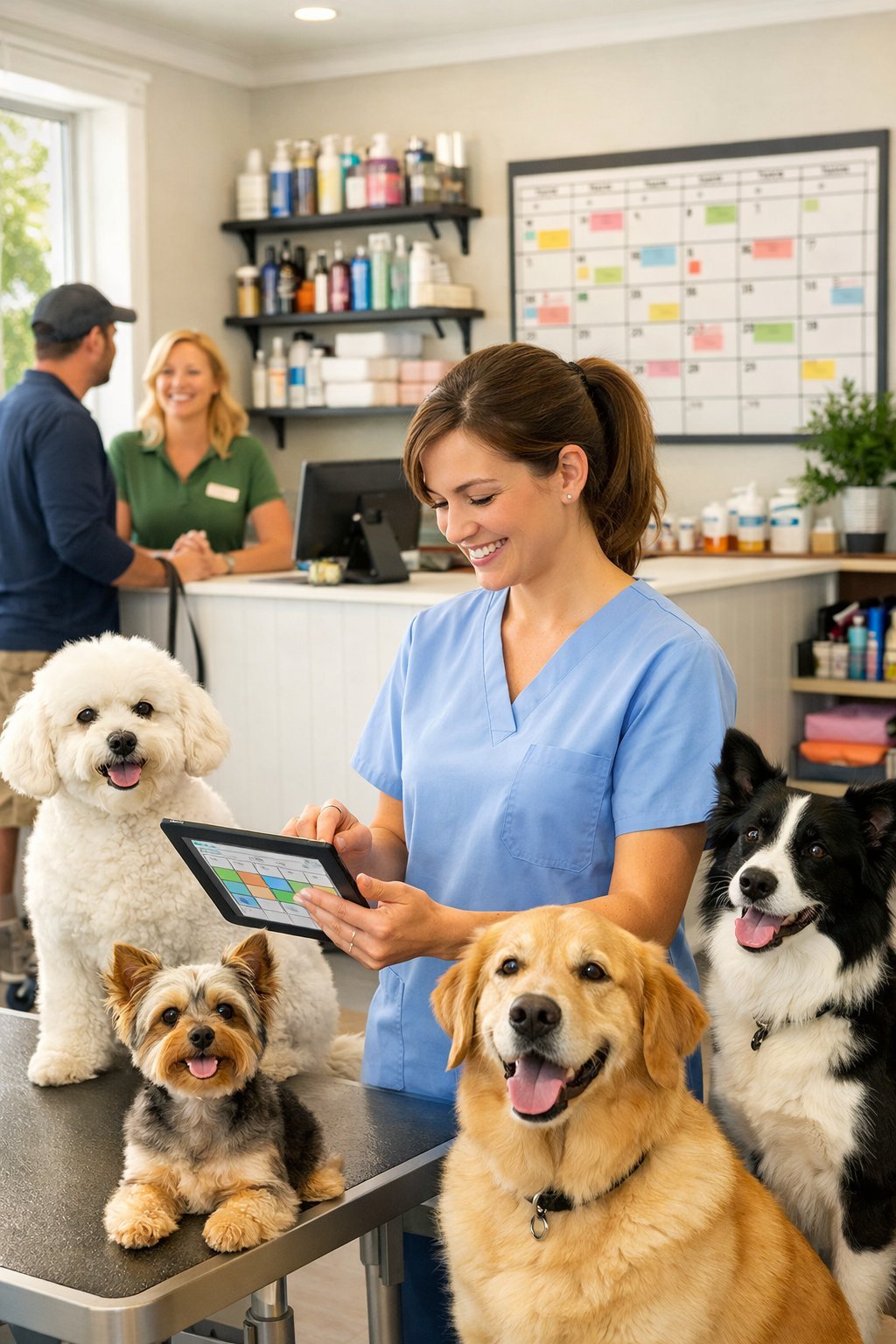 A dog groomer using a tablet to schedule appointments in a clean grooming shop with happy dogs and a receptionist assisting a pet owner.