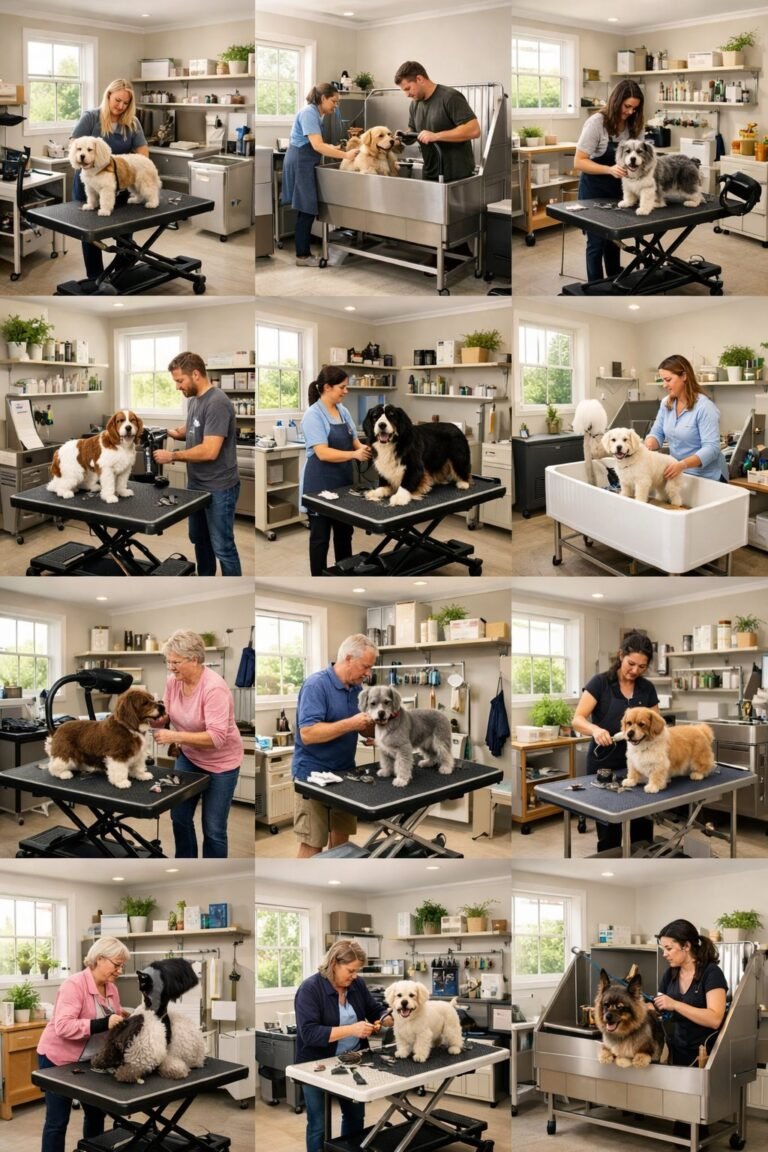 A spacious home interior showing 10 separate dog grooming rooms with grooming tables, tubs, and pet care supplies, where different dogs are being groomed by people.